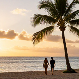 Caribbean Holidays, Guadeloupe Adults Only, Couple walking along a palm-fringed Guadeloupe beach at golden hour, calm sea and warm evening sky