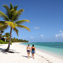Caribbean Holidays, Guadeloupe Adults Only, Couple walking along a palm-fringed white sand beach with clear water in Guadeloupe