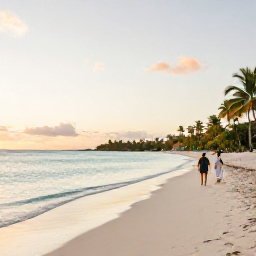 Caribbean Holidays, Guadeloupe Adults Only, Couple walking along a quiet white-sand beach in Guadeloupe at sunset, calm turquoise water and palm trees
