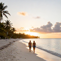 Caribbean Holidays, Guadeloupe Adults Only, Couple walking along a quiet white-sand beach in Guadeloupe at sunset