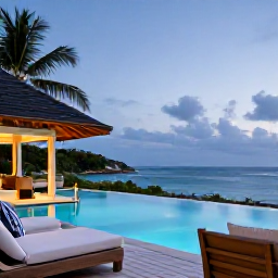 Caribbean Holidays, Guadeloupe Adults Only, Elegant adults-only Guadeloupe resort terrace overlooking the sea in the evening