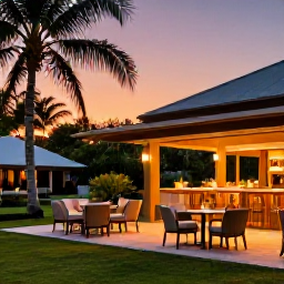 Caribbean Holidays, Guadeloupe Adults Only, Elegant adults-only hotel terrace in Guadeloupe at sunset, tropical garden, stylish outdoor seating and softly lit restaurant