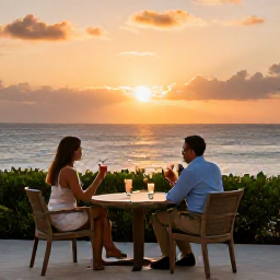 Caribbean Holidays, Guadeloupe Adults Only, Elegant adults-only hotel terrace in Guadeloupe at sunset, with a couple enjoying cocktails overlooking the Caribbean Sea