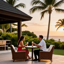 Caribbean Holidays, Guadeloupe Adults Only, Elegant adults-only hotel terrace in Guadeloupe with a couple enjoying evening drinks, tropical garden and warm sunset light