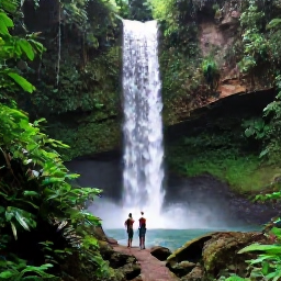Caribbean Holidays, Guadeloupe Adults Only, Lush Guadeloupe rainforest waterfall with a walking trail, tropical plants and a couple exploring Basse-Terre