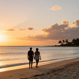 Caribbean Holidays, Guadeloupe Adults Only March, Couple walking along a quiet Guadeloupe beach at sunset in March, calm water and warm golden light