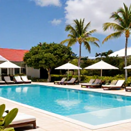 Caribbean Holidays, Guadeloupe Adults Only March, Elegant adults-only hotel pool in Guadeloupe, comfortable loungers, tropical gardens and a calm blue sky