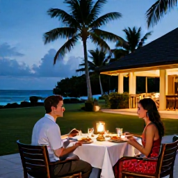 Caribbean Holidays, Guadeloupe Adults Only, Romantic open-air dinner for two at an adults-only hotel in Guadeloupe, lanterns, local food and tropical evening surroundings