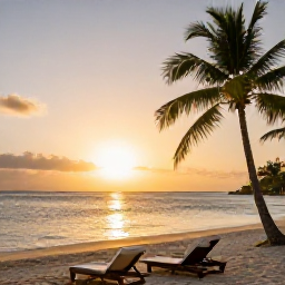Caribbean Holidays, Guadeloupe Adults Only, Romantic sunset over a quiet Guadeloupe beach with two empty loungers and palm trees