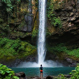 Caribbean Holidays, Guadeloupe Adults Only, Traveller exploring lush Guadeloupe rainforest beside a waterfall in Guadeloupe National Park, natural tropical scenery