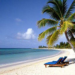 Caribbean Holidays, Guadeloupe Adults Only, White sandy beach near Sainte-Anne, Guadeloupe, with calm turquoise water, palm trees and two sun loungers