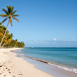 Caribbean Holidays, Guadeloupe Adventure, A bright February morning on a tropical Guadeloupe beach with calm turquoise water, palms and small waves