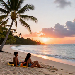 Caribbean Holidays, Guadeloupe Adventure, A couple relaxing beside a quiet Guadeloupe beach at sunset after an active day exploring the island