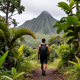 Caribbean Holidays, Guadeloupe Adventure, A hiker on a lush rainforest trail in Guadeloupe with volcanic mountains and tropical foliage