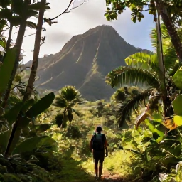 Caribbean Holidays, Guadeloupe Adventure, A hiker walking through lush tropical rainforest in Guadeloupe, with volcanic mountains and filtered November sunlight