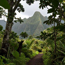 Caribbean Holidays, Guadeloupe Adventure, A lush tropical hiking trail through Guadeloupe's rainforest, with dramatic green mountains and soft morning light