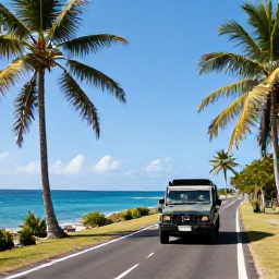 Caribbean Holidays, Guadeloupe Adventure, A small 4x4 vehicle travelling along a scenic coastal road in Guadeloupe, with palm trees and blue sea