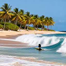 Caribbean Holidays, Guadeloupe Adventure, A surfer riding a clean wave at a tropical Guadeloupe beach with palm trees and golden sand
