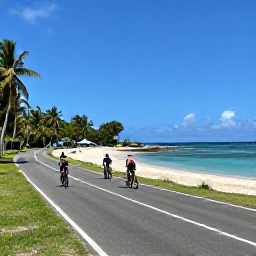 Caribbean Holidays, Guadeloupe Adventure, Cyclists riding along a scenic coastal road beside a Caribbean beach in Guadeloupe, clear January day