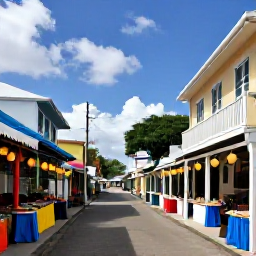 Caribbean Holidays, Guadeloupe Adventure, Festive Guadeloupe village street in December with local market stalls, lanterns and Caribbean architecture