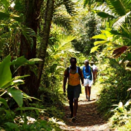 Caribbean Holidays, Guadeloupe Adventure, Hikers exploring a lush tropical trail in Guadeloupe in warm December sunshine