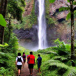 Caribbean Holidays, Guadeloupe Adventure, Hikers walking through dense tropical rainforest towards a waterfall in Guadeloupe