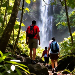 Caribbean Holidays, Guadeloupe Adventure, Hikers walking through lush tropical rainforest in Guadeloupe near a waterfall, January sunshine
