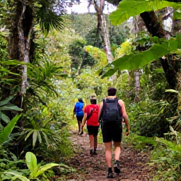 Caribbean Holidays, Guadeloupe Adventure, Hikers walking through lush tropical rainforest in Guadeloupe's Basse-Terre mountains in January