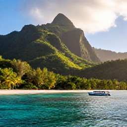 Caribbean Holidays, Guadeloupe Adventure Holidays, A bright August morning on a lush Guadeloupe coastline, with turquoise water, forested mountains and a small adventure boat near the shore