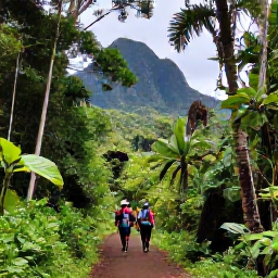 Caribbean Holidays, Guadeloupe Adventure Holidays, A lush tropical rainforest trail in Guadeloupe with a small waterfall, hikers and volcanic mountains in the background