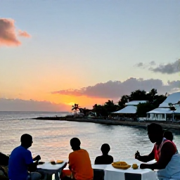Caribbean Holidays, Guadeloupe Adventure Holidays, A relaxed evening in a Guadeloupe village, with travellers enjoying Creole food near a harbour as the sun sets over the Caribbean Sea