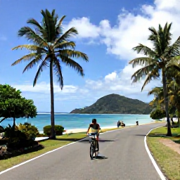 Caribbean Holidays, Guadeloupe Adventure Holidays, A scenic Guadeloupe coastline with a cyclist riding along a quiet road, palm trees, hills and a bright Caribbean sky