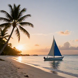 Caribbean Holidays, Guadeloupe Adventure Holidays, A small sailing boat beside a peaceful Guadeloupe beach at sunset, with palms and calm Caribbean water