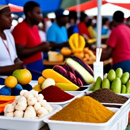 Caribbean Holidays, Guadeloupe Adventure Holidays, An outdoor table in a lively Guadeloupe market with tropical fruit, spices and local Creole food