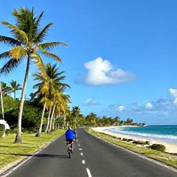 Caribbean Holidays, Guadeloupe Adventure Holidays, Cyclist riding along a quiet coastal road past a Caribbean beach and palm trees in Guadeloupe