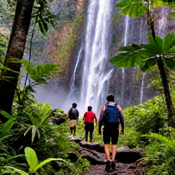 Caribbean Holidays, Guadeloupe Adventure Holidays, Hikers walking through lush tropical rainforest in Guadeloupe near a waterfall