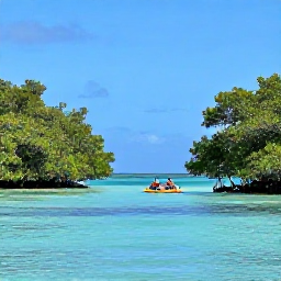 Caribbean Holidays, Guadeloupe Adventure Holidays, Sea kayakers paddling through calm turquoise water between mangrove islands in Guadeloupe&rsquo;s Grand Cul-de-Sac Marin
