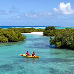 Caribbean Holidays, Guadeloupe Adventure Holidays, Sea kayakers paddling through clear turquoise water between green mangrove islands and a sandy Caribbean coastline in Guadeloupe