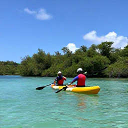 Caribbean Holidays, Guadeloupe Adventure Holidays, Sea kayakers paddling through the clear turquoise waters and mangroves of Guadeloupe on a sunny June day