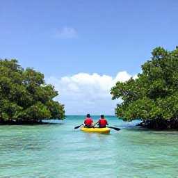Caribbean Holidays, Guadeloupe Adventure Holidays, Sea kayakers paddling through turquoise water between mangrove islands in Guadeloupe