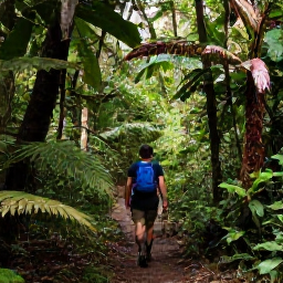 Caribbean Holidays, Guadeloupe Adventure Holidays, Travellers hiking through dense Guadeloupe rainforest on a marked trail beneath tropical trees and ferns