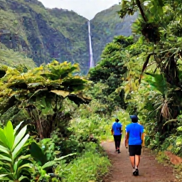 Caribbean Holidays, Guadeloupe Adventure Holidays, Travellers hiking through dense tropical rainforest on Guadeloupe, following a clear trail towards a waterfall beneath volcanic mountains
