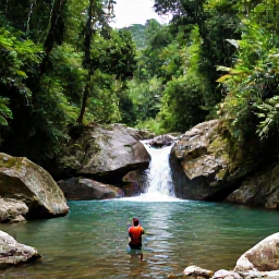 Caribbean Holidays, Guadeloupe Adventure Holidays, Visitors canyoning through a clear jungle river in Guadeloupe, surrounded by rocks, waterfalls and dense green vegetation