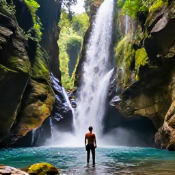 Caribbean Holidays, Guadeloupe Adventure Holidays, Visitors canyoning through a clear river gorge with waterfalls and tropical vegetation in Guadeloupe
