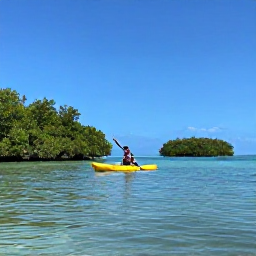 Caribbean Holidays, Guadeloupe Adventure, Kayaker paddling across calm turquoise water beside mangroves and small islands in Guadeloupe
