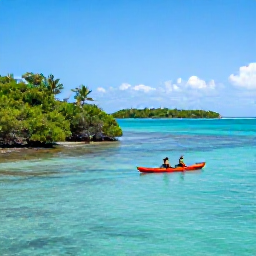 Caribbean Holidays, Guadeloupe Adventure, Kayakers paddling across clear turquoise sea beside mangroves and small islands in Guadeloupe