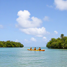 Caribbean Holidays, Guadeloupe Adventure, Kayakers paddling through calm turquoise water among mangroves and small islands in Guadeloupe