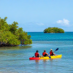 Caribbean Holidays, Guadeloupe Adventure, Kayakers paddling through clear blue water among mangroves and small islands in the Grand Cul-de-Sac Marin