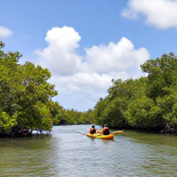 Caribbean Holidays, Guadeloupe Adventure, Kayakers paddling through the calm mangrove waterways of Grand Cul-de-Sac Marin in Guadeloupe