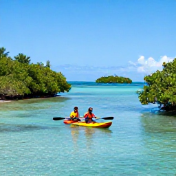 Caribbean Holidays, Guadeloupe Adventure, Sea kayakers paddling through clear turquoise water among mangroves and small islands in Guadeloupe